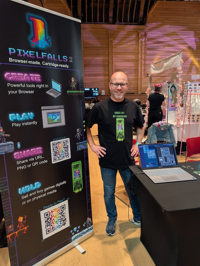 PIXELFALLS stand and banner at Brighton & Hove Comic Con