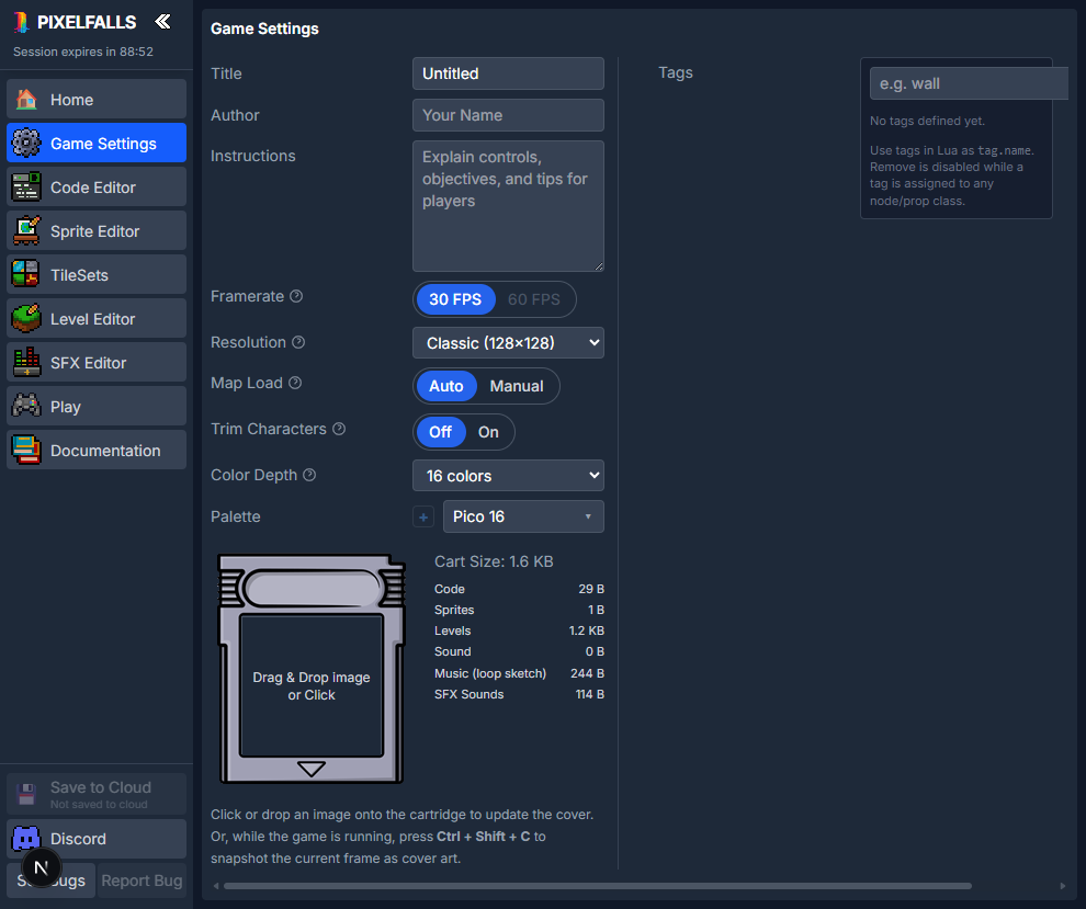 Game Settings in the PIXELFALLS IDE
