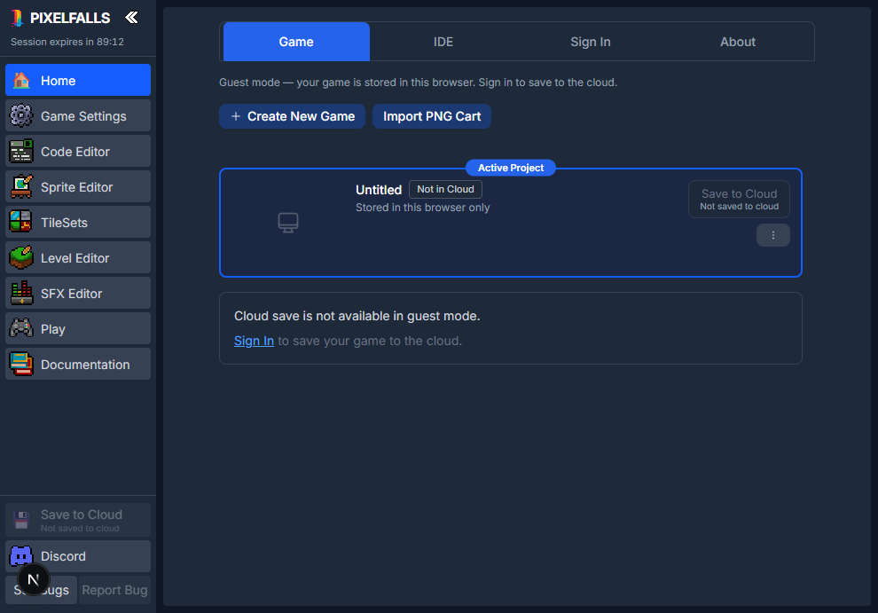 The PIXELFALLS IDE with its main sidebar and workspace