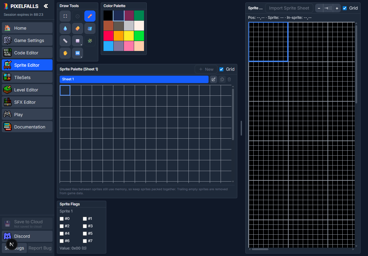 The Sprite Editor with its canvas, tools, and sprite palette