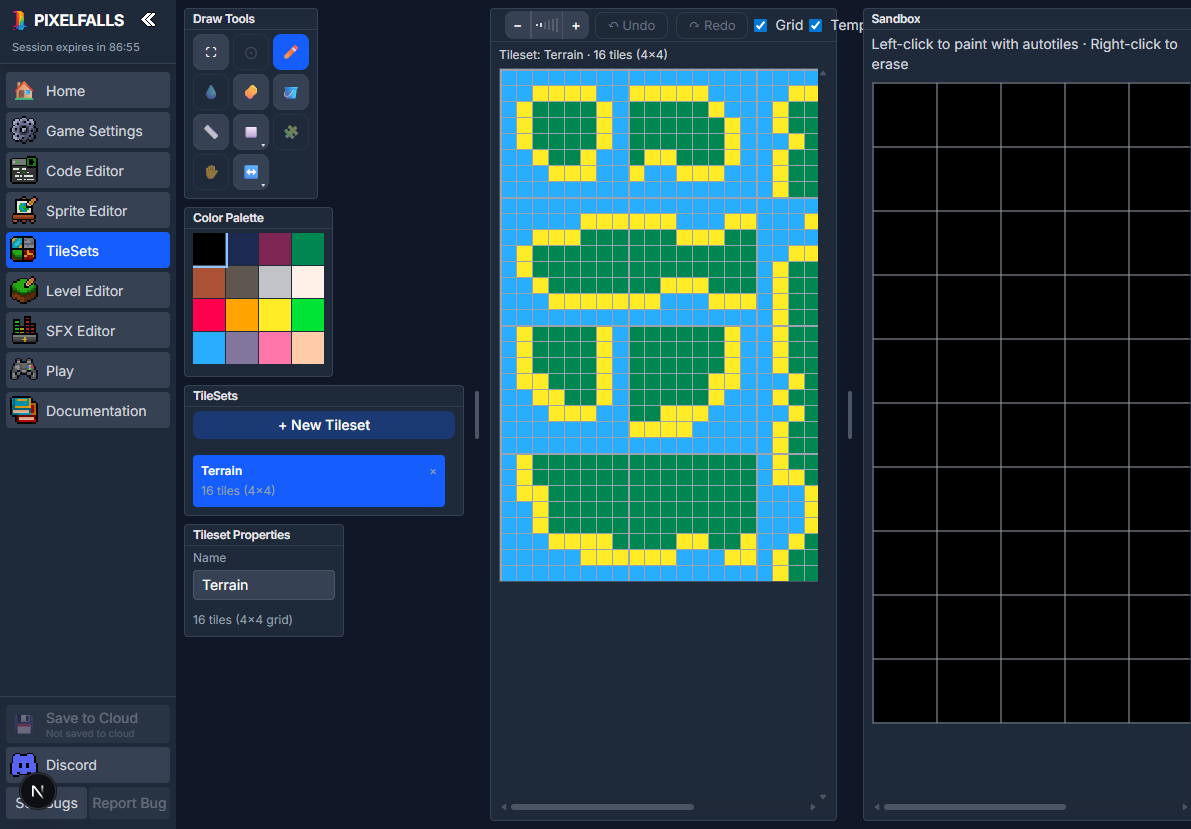 The Tile Sets editor and its autotile Sandbox