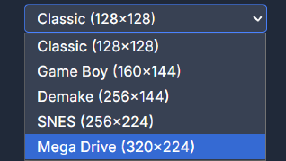 PIXELFALLS screen resolutions and colour depths